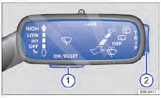 Fig. 50 Veículos sem volante multifunções: botão 1 na alavanca dos limpadores do para- -brisa (à direita da coluna de direção) para confirmar itens de menu e chave 2 para alternar os menus e exibições de informação.