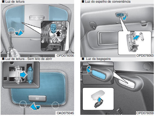 Luzes de leitura de mapas, de habitáculo, do espelho de conveniência, da mala e do porta-luvas