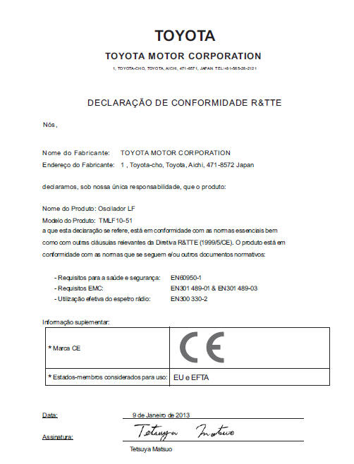 Certificação para o sistema de chave inteligente para entrada e arranque