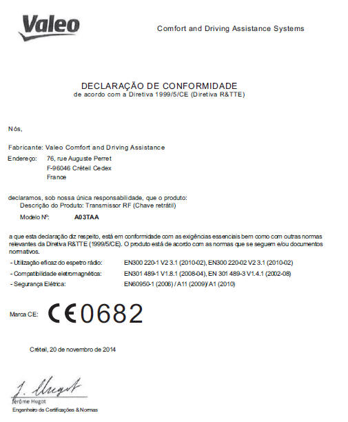 Certificação do comando remoto (tipo A)