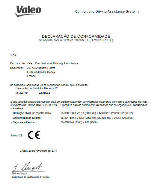 Certificação do comando remoto (tipo A)