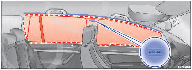 Fig. 20 No lado esquerdo do veículo: Local de instalação e área de expansão do airbag para cabeça (Golf Variant).