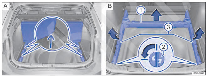 Fig. 190 No compartimento de bagagem: A assoalho do compartimento de bagagem levantado, B remover os suportes do assoalho do compartimento de bagagem.