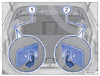 Fig. 88 No compartimento para bagagens (Golf Variant): alavanca de destravamento à distância para a parte esquerda 1 e a para parte direita 2 do encosto do banco traseiro.
