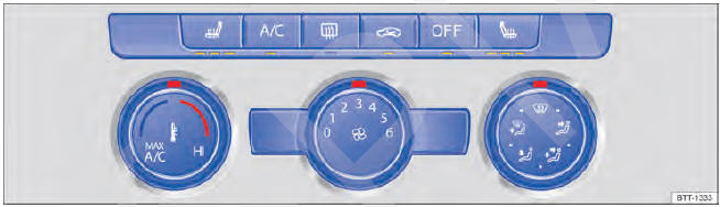 Fig. 112 Na parte superior do console central: Elementos de comando do ar-condicionado manual.