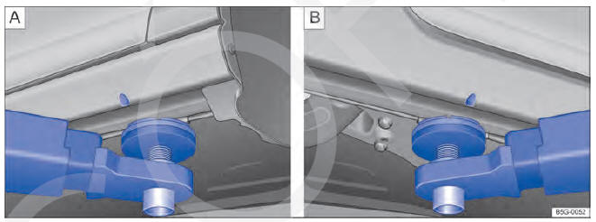 Fig. 252A Pontos de apoio dianteiros e B ponto de apoio traseiro para suspender com a plataforma elevatória ou o macaco (variante 1).