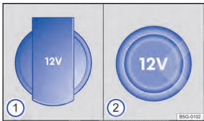 Fig. 173 Tomada 12 V dobrável 1 , tomada 12 V com cobertura removível 2 .