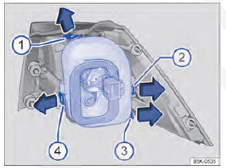 Fig. 208 Lanterna traseira na carroceria: desinstalar o suporte da lâmpada. Tiras de travamento 1 a 4 .