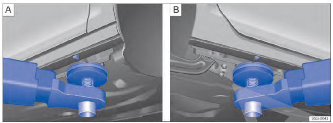 Fig. 253 A Pontos de apoio dianteiros e B ponto de apoio traseiro para suspender com a plataforma elevatória ou o macaco (variante 2).