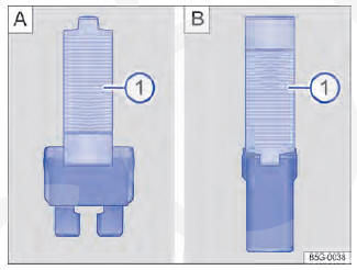 Fig. 216 Retirar ou colocar o fusível com a pinça de plástico: A fusível plano, B fusível de bloqueio.